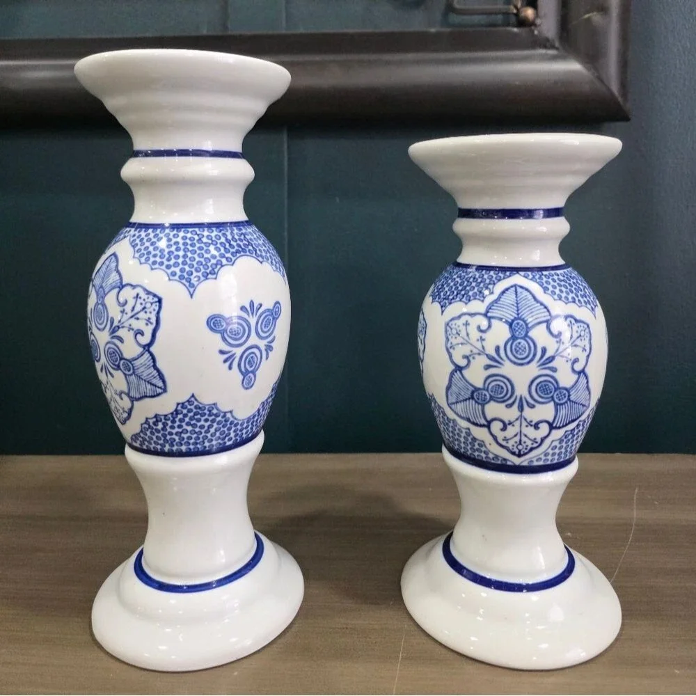Blue and White Porcelain Pillar Candle Holders Set Of 2 11' and 9.5'